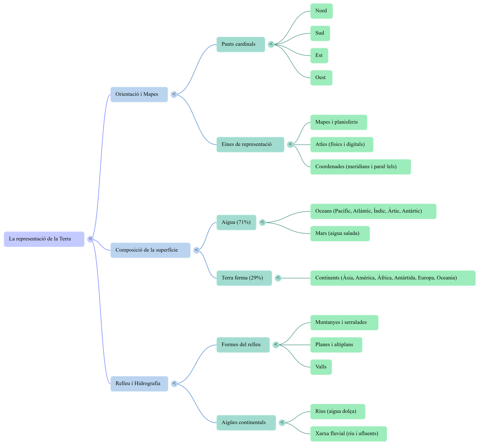 Diagrama de la representació de la Terra, continents, oceans i relleu